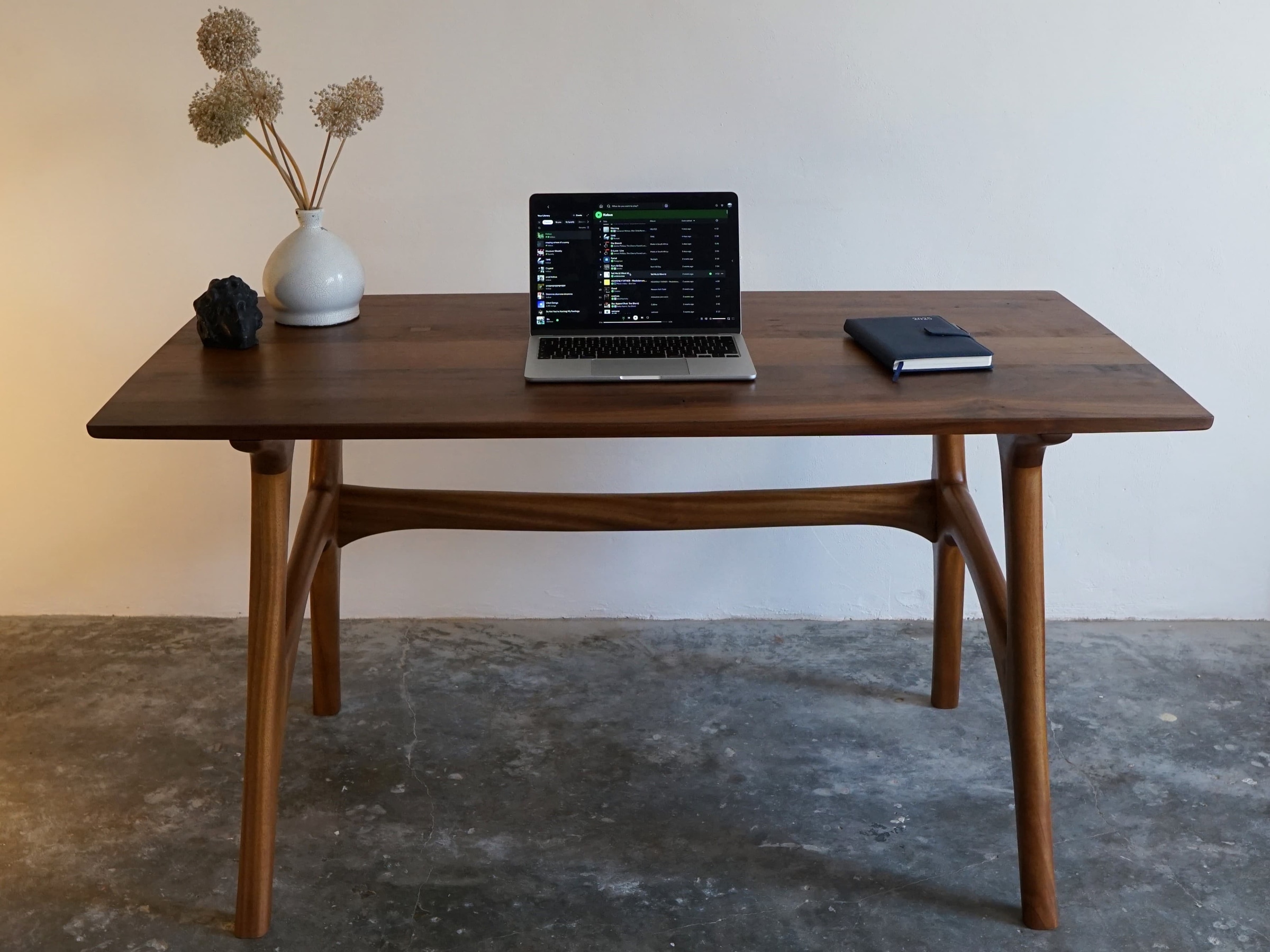 Sculptural wooden desk viewed from the front